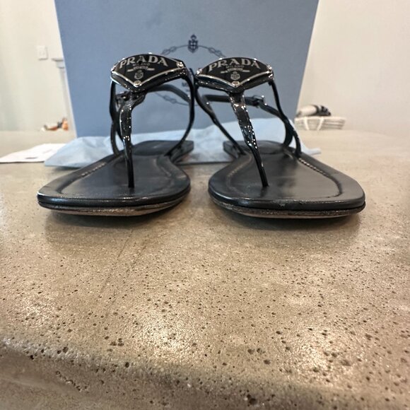 Prada Leather logo Sandals 39.5  $900 Lg triangle emblem with Box - Picture 5 of 7